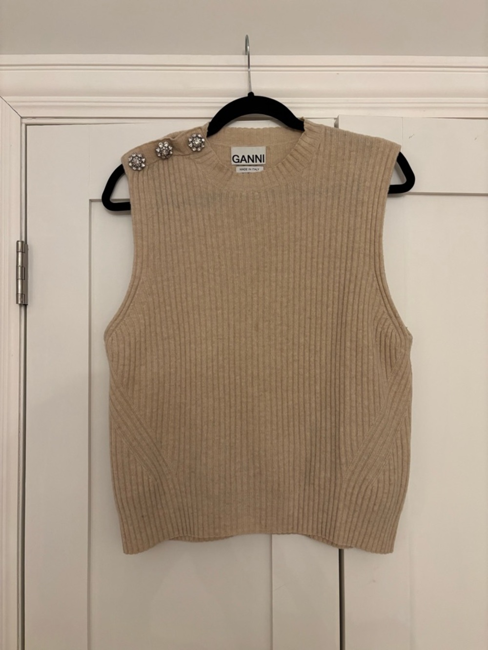Ganni Beige Ribbed Knit Sleeveless Vest with Embellished Buttons